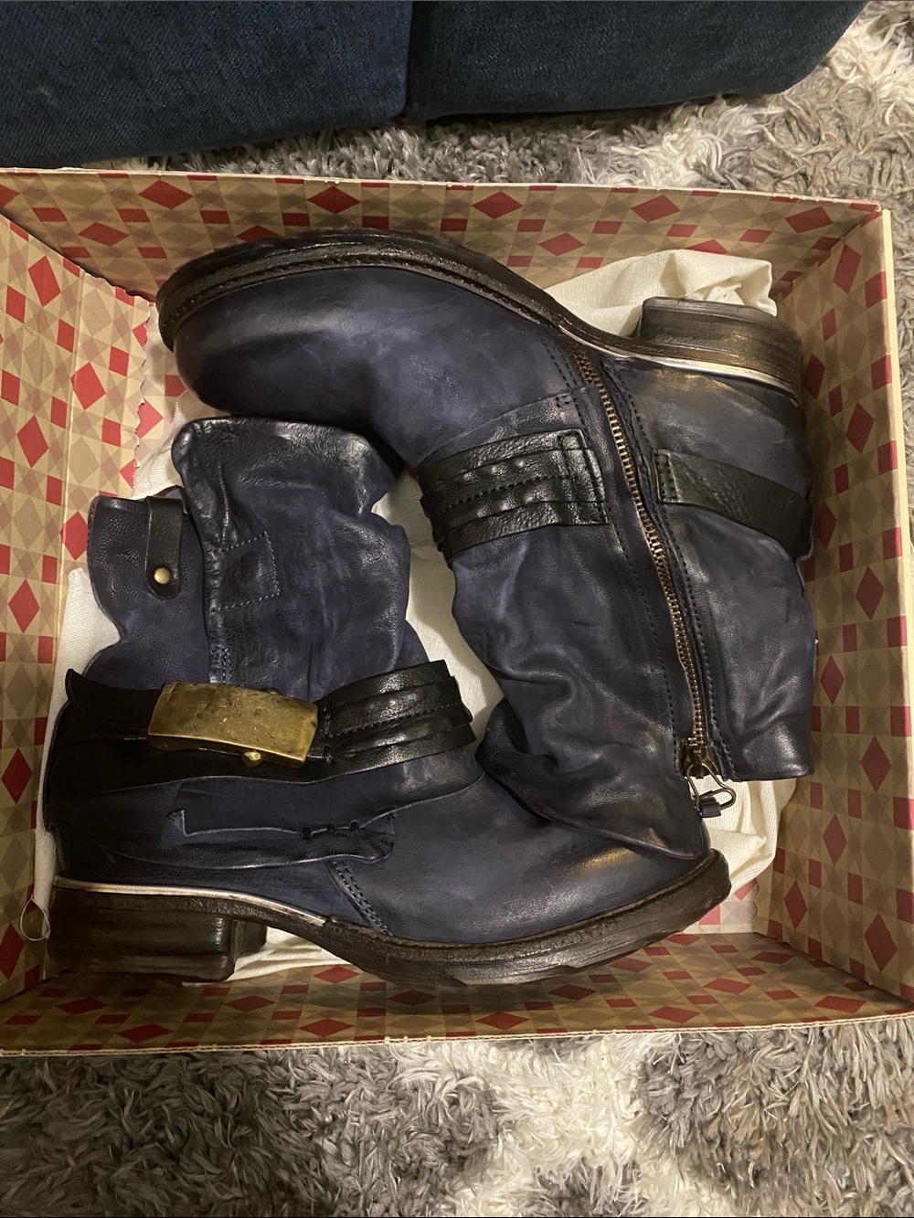A.S.98 Navy Blue Leather Ankle Boots with Black Straps and Brass Buckle